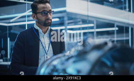Smart Chief Engineer in occhiali che spiega la tecnologia avanzata di un'invenzione industriale moderna e innovativa a un team di studenti universitari in un corso universitario. Foto Stock