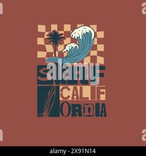 Surf in California, tipografia estiva sulle spiagge, design con poster a onde Illustrazione Vettoriale
