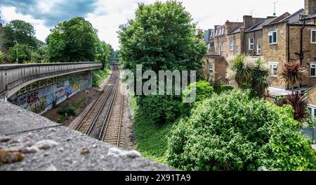 Si affaccia su una ferrovia con vegetazione ed edifici residenziali sotto un cielo nuvoloso con graffiti su un muro a lato della pista Foto Stock