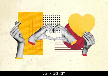 Collage fotografico composito di persone le mani mostrano diversi tipi di forma del cuore che mostrano gesti di san valentino isolati su sfondo dipinto Foto Stock
