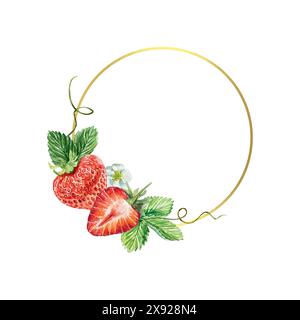 Cornice rotonda fragola, acquerello. Foglie verdi, fiori, bacche rosse, tendini. Illustrazione vettoriale. Ghirlanda per biglietti, inviti, copertine, striscioni, Illustrazione Vettoriale