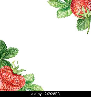 Acquerello fragola, cornice. Bacche e foglie. Illustrazione vettoriale. Per biglietti romantici, inviti, striscioni natalizi, poster, succo di frutta, etichette di inceppamento, c Illustrazione Vettoriale