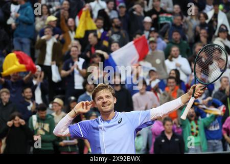 Parigi, Francia. 28 maggio 2024. Il belga David Goffin celebra la vittoria della sua partita di tennis tra il belga Goffin e il francese Perricard, nel primo turno dei singoli maschili, al Roland Garros French Open di tennis, a Parigi, Francia, martedì 28 maggio 2024. Il torneo di quest'anno si svolge dal 26 maggio al 9 giugno. BELGA PHOTO BENOIT DOPPAGNE credito: Belga News Agency/Alamy Live News Foto Stock