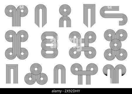 Set di linee geometriche di archi e cerchi di forme astratte intrecciate. Elemento di design lineare in moderno stile boho Bauhaus Illustrazione Vettoriale