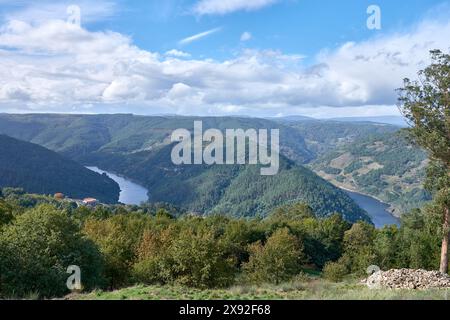 Vista panoramica di un tranquillo fiume che si snoda attraverso una fitta foresta verde sotto un cielo blu con nuvole sparse Foto Stock