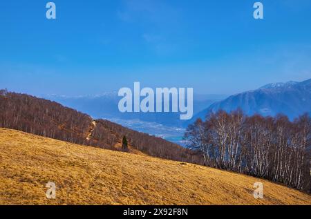 Giro in funivia fino alla cima del Monte Cimetta con paesaggi alpini e prato montano marrone essiccato, Ticino, Svizzera Foto Stock