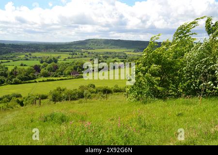 Una vista da Fackenden che guarda a ovest attraverso la Darent Valley verso Knockholt, Halstead, Westerham e la vale di Holmesdale in un ventoso giorno di maggio Foto Stock