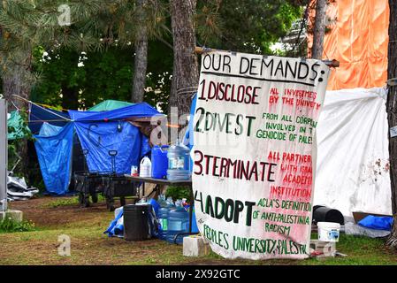 Ottawa, Canada - 28 maggio 2024: Una protesta filo-palestinese si è evoluta da sit-in a accampamento, poiché sul prato di Tabaret Hall sono state erette diverse tende. Questo nonostante il fatto che l'Università abbia dichiarato che nessun accampamento sarebbe stato tollerato il giorno prima. Le loro richieste sono elencate nell'immagine. Proteste simili si sono svolte in altre università del mondo. Foto Stock