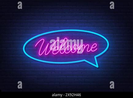 Testo al neon di benvenuto su sfondo murario. Illustrazione Vettoriale