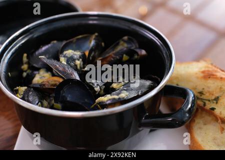 Processo di cottura di cozze e ostriche, ingredienti per la pasta tradizionale con frutti di mare. Secchi da cucina in cucina. Padella e cozze bollite. Cucina moderna e utensili da cucina. Cozze in salsa Foto Stock