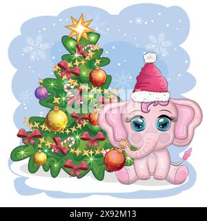 Carino elefante da cartoni animati, personaggio infantile nel cappello di babbo natale con regalo, pallina di natale o canna da zucchero vicino all'albero di natale. Anno nuovo Illustrazione Vettoriale