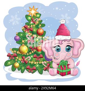 Carino elefante da cartoni animati, personaggio infantile nel cappello di babbo natale con regalo, pallina di natale o canna da zucchero vicino all'albero di natale. Anno nuovo Illustrazione Vettoriale