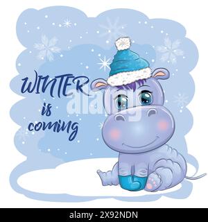 Simpatico ippopotamo dei cartoni animati in cappello di Babbo Natale con regalo, palla di Natale e canna da zucchero. Capodanno e Natale Illustrazione Vettoriale