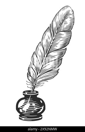 Immergere la penna di quill nel pozzetto di inchiostro. Vecchia penna d'epoca nella bottiglia d'inchiostro, nella pentola d'inchiostro. Disegno vettoriale di schizzo disegnato a mano Illustrazione Vettoriale