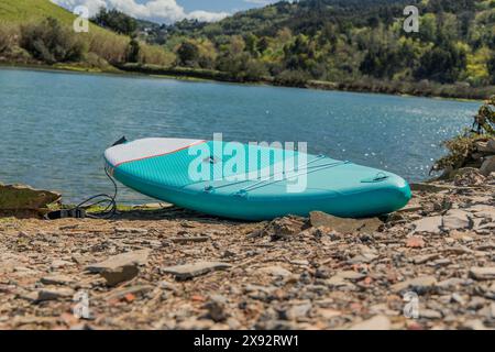 la tavola da surf blu stand-up paddle si appoggia pacificamente sulla riva del fiume, crogiolandosi nel calore di una soleggiata giornata estiva. Le acque tranquille e i lussureggianti dintorni Foto Stock