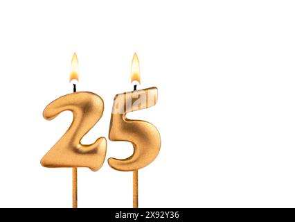 Candela d'oro numero 25 - compleanno su sfondo bianco Foto Stock