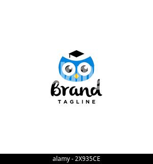Design blu grazioso gufo. Modello carino con logo Owl e cappelli per laureati. Illustrazione Vettoriale