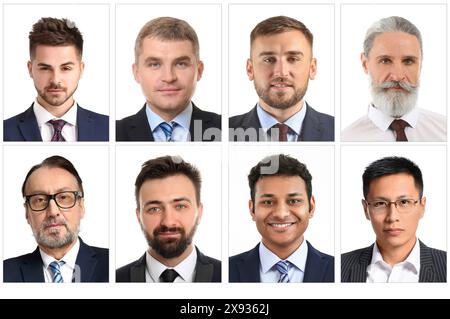 Set di foto di uomini diversi per passaporto su sfondo bianco Foto Stock