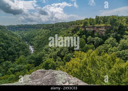Little River ai piedi del Little River Canyon e una vista sul Little River Canyon Rim Parkway vicino a ft. Payne, Alabama Foto Stock