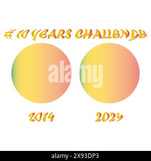 10 anni sfida il vettore dei cerchi di gradiente. Transizione di colore caldo da 2014 a 2024. Illustrazione delle tendenze dei social media. Concetto time-lapse. Illustrazione Vettoriale