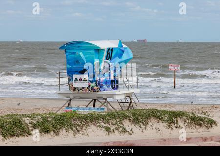 Stazione di bagnino vicino al Molo di pesca 61st Street sulla costa del Golfo del Texas a Galveston, Texas Foto Stock