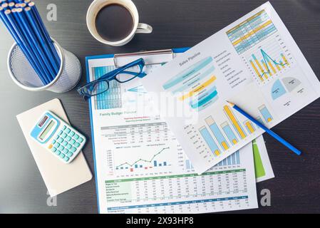 Foglio di calcolo Excel stat analisi aziendali grafico statistico con grafico e numero di dati tabella nel database dei grafici. Le mani del commercialista puntano a prim Foto Stock