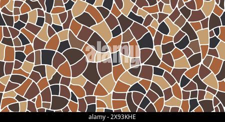 Motivo piastrelle in pietra a mosaico, pavimento in pavimentazione marrone. Sfondo vettoriale con ciottoli neri e terrosi disposti per creare superfici di ciottoli o rocce di ciottoli con colori e forme naturali Illustrazione Vettoriale