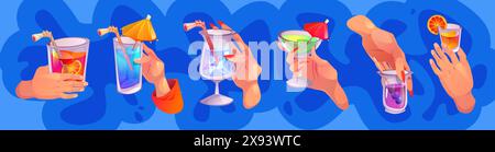 Mani con bicchieri da cocktail isolati su sfondo blu. Illustrazione vettoriale del cartone animato di persone dita che tengono tazze di vetro con bevande alcoliche, succo di frutta, menta fredda e bevande a bacca, ospiti della festa Illustrazione Vettoriale