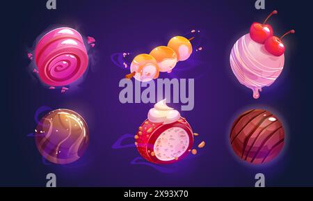 Gioco fantasy e pianeti alieni fiabeschi realizzati con caramelle e dolci dessert. Set vettoriale di palle di pasticceria di fantasia per la creazione della galassia del mondo delle meraviglie. Sfera di cioccolato, caramello e gelato Illustrazione Vettoriale