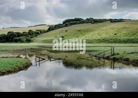 Cuckmere Haven, Regno Unito - 10 settembre 2022: Veduta di Cuckmere Haven che mostra una recinzione in legno parzialmente sommersa all'interno dell'acqua in primo piano e boscosa Foto Stock