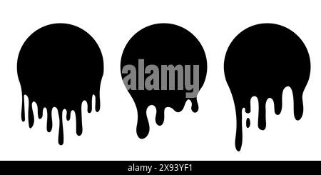Etichette del cerchio di gocciolamento della vernice. Liquido di vernice nero. Set gocce inchiostro. Inchiostro nero. Illustrazione Vettoriale