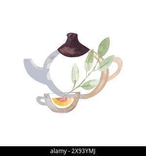 Tisane: Bicchieri, teiera, tazza e rami di piante verdi, fiori e limone. Illustrazione per la progettazione di confezioni di tè, dolci, cosmetici Foto Stock