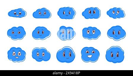 Set di personaggi dei cartoni animati nuvole. Previsioni meteorologiche e mascotte meteorologiche, illustrazione vettoriale per bambini Foto Stock