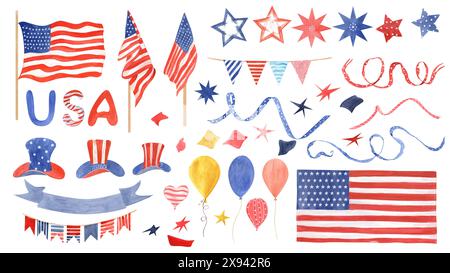 Bandiere americane, stelle, cappelli, palloncini, nastri. Buon 4 luglio USA Independence Day Set. Elementi di colore nazionale. Illustrazione acquerello Foto Stock