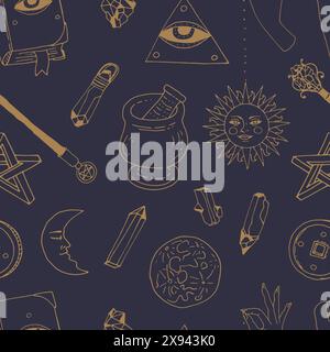 Fantasia mistica senza cuciture con cristalli dorati su sfondo blu Illustrazione Vettoriale