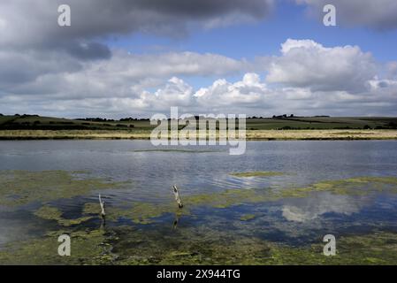 Cuckmere Haven, Regno Unito - 10 settembre 2022: Veduta di Cuckmere Haven che mostra una struttura in legno parzialmente sommersa all'interno dell'acqua in primo piano e WO Foto Stock