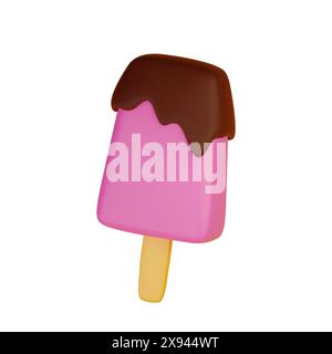 Gelato alla frutta su bastoncino di legno, con sciroppo di cioccolato isolato su sfondo bianco. illustrazione vettoriale 3d. Illustrazione Vettoriale