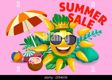 Sfondo promozionale poster di vendita estiva cartone animato Sun in occhiali da sole Illustrazione Vettoriale