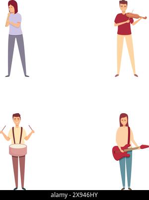 Le icone dei musicisti di strada impostano il vettore dei cartoni animati. Persone che suonano vari strumenti. Festa musicale Illustrazione Vettoriale
