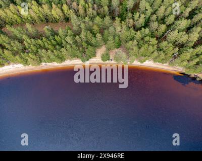 Vista aerea di un tranquillo lago circondato da una fitta foresta, che cattura la serena bellezza della natura. Foto Stock