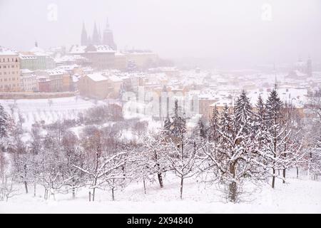 Neve a Praga, rare condizioni invernali fredde. Castello di Praga nella Repubblica Ceca, clima nevoso con alberi. Paesaggio cittadino dalla splendida città. D'inverno Foto Stock