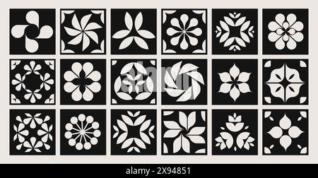 Collezione di motivi geometrici, piastrelle con fiori e forme, elementi di stile minimalista moderno. Simboli in bianco e nero, elementi del marchio e del logo Illustrazione Vettoriale