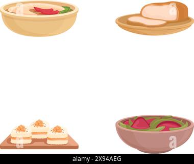 Collezione variegata di illustrazioni vettoriali di cucina internazionale e di prodotti alimentari assortiti, tra cui zuppe, pane, antipasti, insalate, e altro ancora, rappresentando la diversità culinaria di tutto il mondo Illustrazione Vettoriale