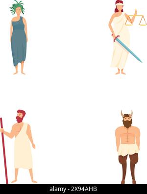 Quattro illustrazioni vettoriali raffiguranti figure mitologiche greche isolate su sfondo bianco Illustrazione Vettoriale