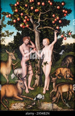 Adamo ed Eva, dipinto a olio su tavola di Lucas Cranach il Vecchio, 1525 Foto Stock