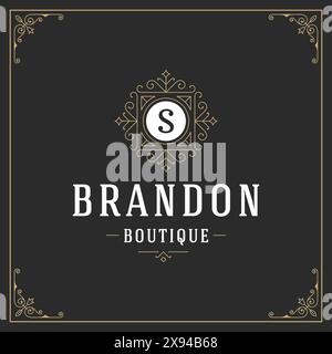 Modello vettoriale con logo monogramma ornato che prospera la montatura vintage calligrafica. Ottimo per il lusso, il marchio boutique, il negozio di matrimoni, l'insegna dell'hotel. Illustrazione Vettoriale