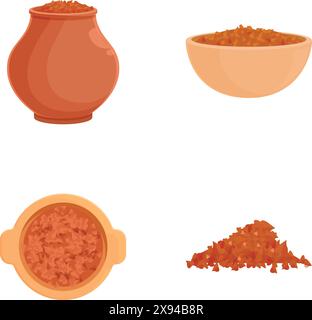 Set di illustrazioni di riso assortito con varie varietà di riso in ciotole, pentole e casseruole, con mucchi di grani e altri elementi ricercati Illustrazione Vettoriale