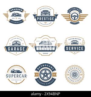Modelli di loghi per auto set di elementi di design vettoriali, emblemi in stile vintage e badge illustrazioni retrò. Riparazioni di auto d'epoca, sagome di servizio pneumatici. Illustrazione Vettoriale