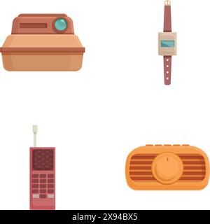 Esplora la nostra vasta collezione di elettronica d'epoca, tra cui icone della tecnologia rétro come fotocamere, orologi da polso, telefoni cellulari, radio e molto altro ancora Illustrazione Vettoriale