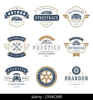 Modelli di loghi per auto set di elementi di design vettoriali, emblemi in stile vintage e badge illustrazioni retrò. Riparazioni di auto d'epoca, sagome di servizio pneumatici. Illustrazione Vettoriale